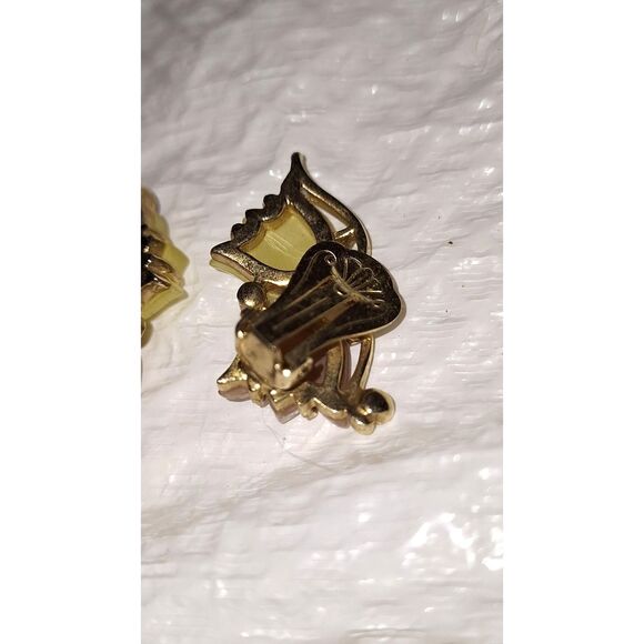 Vintage Molded Glass Tulip Earrings Clip On Frosted Rhinestone Costume Jewelry - Picture 5 of 7